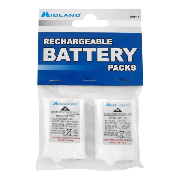 A package of 2 Midland rechargeable batteries.