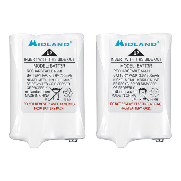 A white Midland rechargeable battery pack with two batteries.
