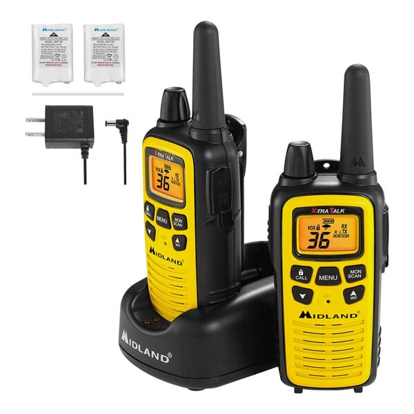 A pair of Midland yellow and black walkie talkies with charger and batteries.
