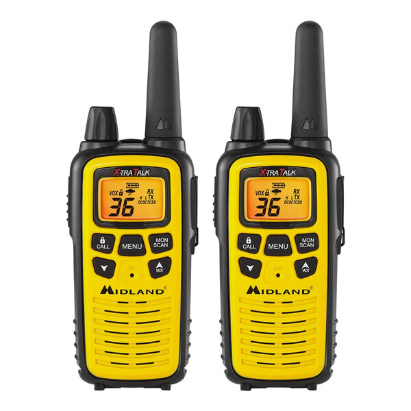 A close-up of two yellow and black Midland walkie talkies with LCD screens.