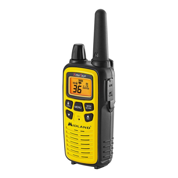 A close-up of a black and yellow Midland walkie talkie with a black and white display.