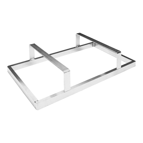 A metal frame with two metal bars holding a stainless steel tray.