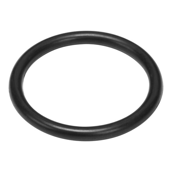 A black rubber O ring with a white background.