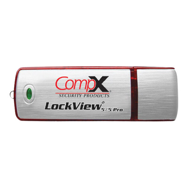 A close-up of a black and red CompX logo on a flash drive.