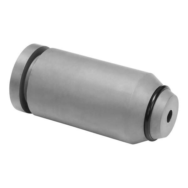 A metal cylinder with a black cylinder on top and black rings.