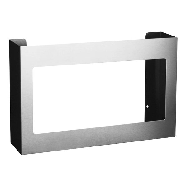 A stainless steel rectangular glove dispenser with a clear window.
