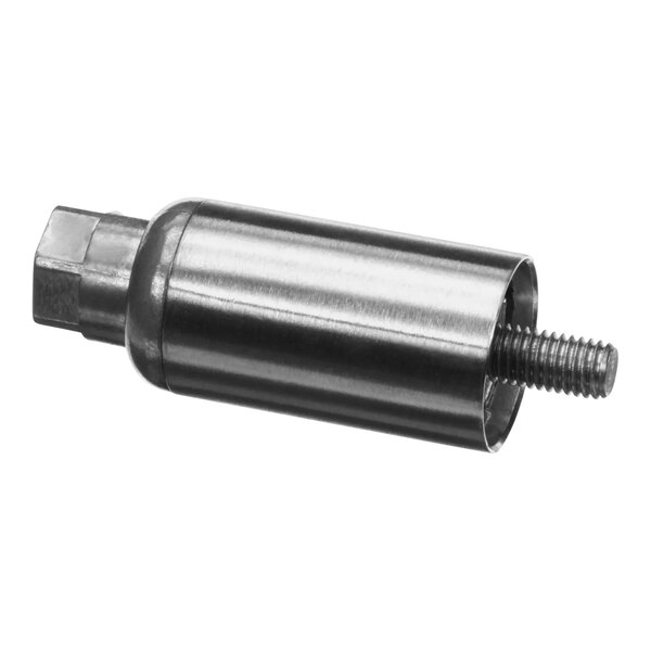 A metal cylinder threaded at one end with a nut.