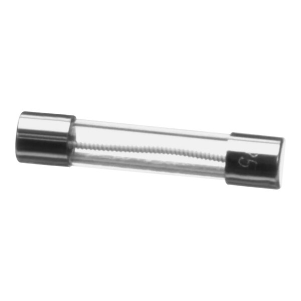 A close-up of a glass tube with metal ends.