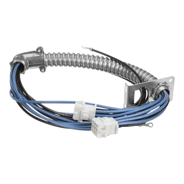 A metal cable with blue and white wires.