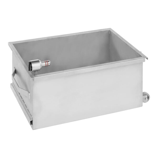 A stainless steel metal box with a handle.