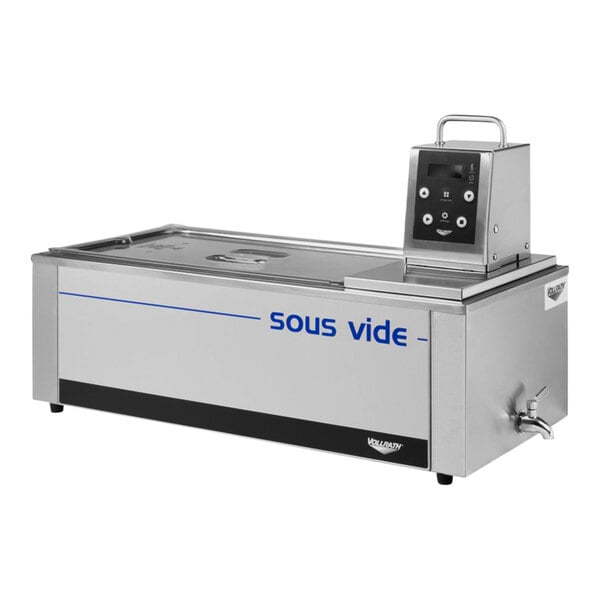 A Vollrath sous vide machine with a stainless steel top and a black and silver control panel.