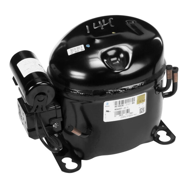 A black Beverage-Air compressor with a white label.