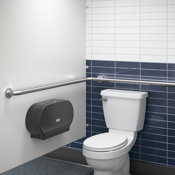 A white toilet with a Lavex grab bar next to it.