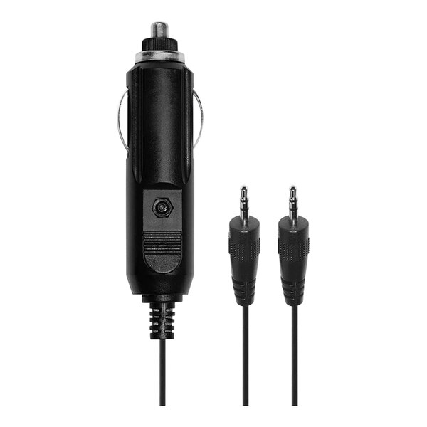 A close-up of a black Midland car charger with two cords.