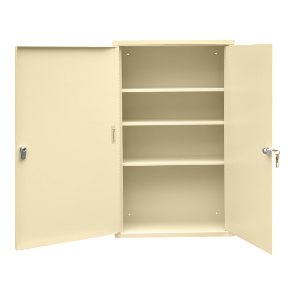 A beige wall-mount cabinet with open doors and shelves.
