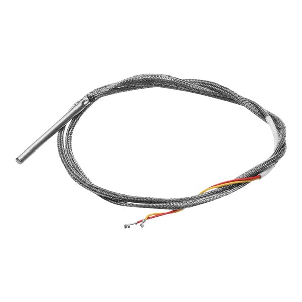 A wire with a metal rod and red and yellow wires.