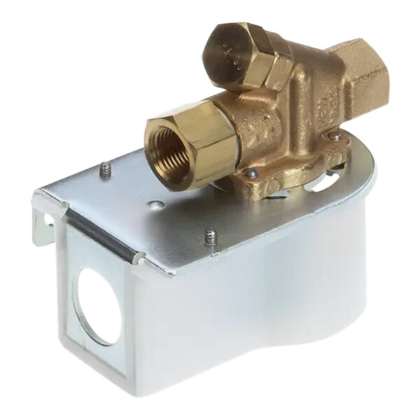 A close-up of a CMA Dishmachines brass solenoid valve with a metal device.