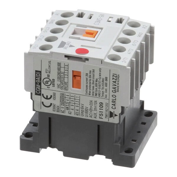 A grey electrical device with a white label.
