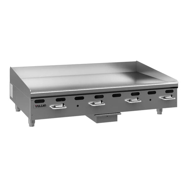 A Vulcan 48" stainless steel griddle with manual controls.