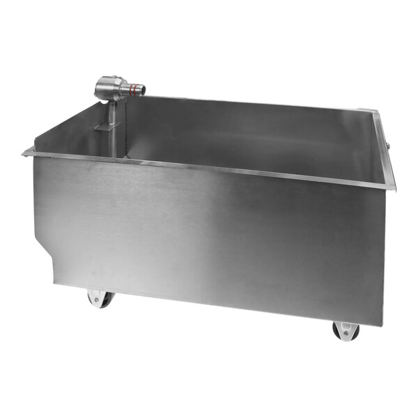 A large stainless steel Frymaster pan assembly with wheels.