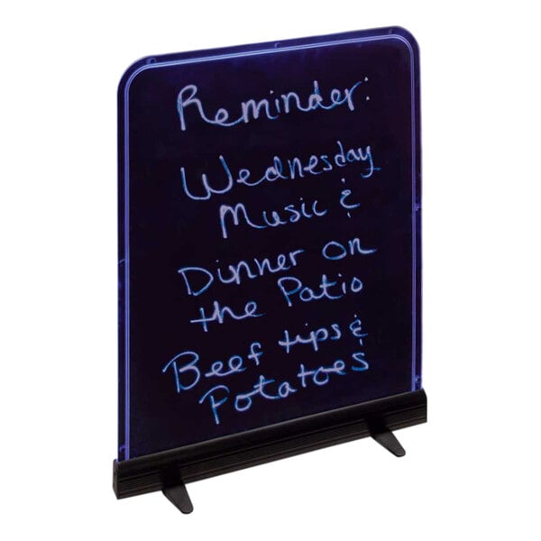 A black United Visual Products illuminated menu board with white writing on it.