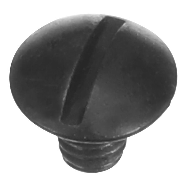 A close up of a black screw with a slotted head.