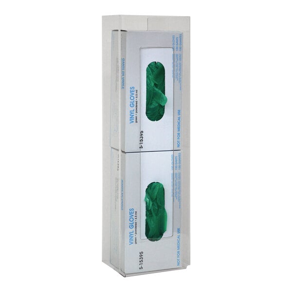 A white Omnimed vertical wall mount with two green disposable glove boxes inside.