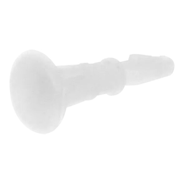 A white plastic screw with a small hole on a white background.