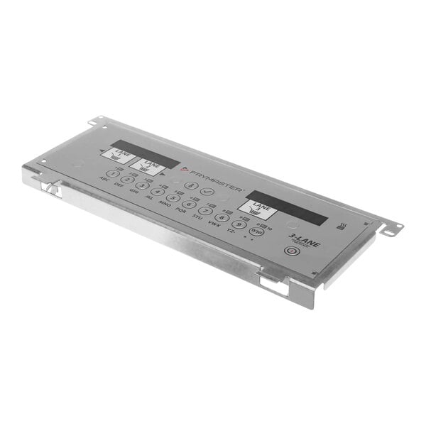 A silver rectangular Frymaster controller panel with buttons and switches.