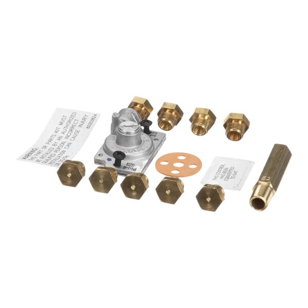 A Frymaster gas valve conversion kit with brass fittings and nuts.