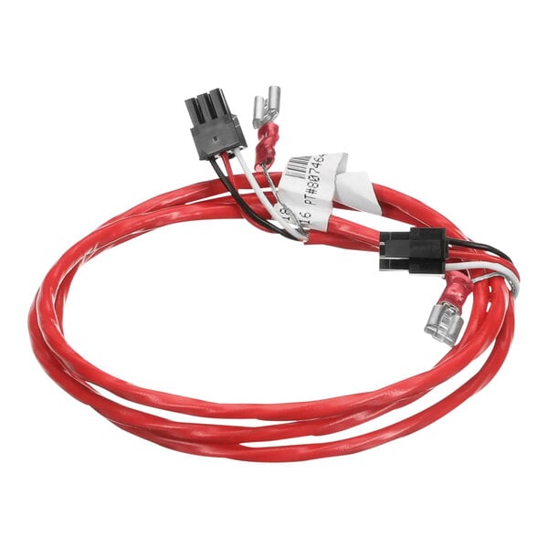 A red Frymaster wire harness with black and white connectors.