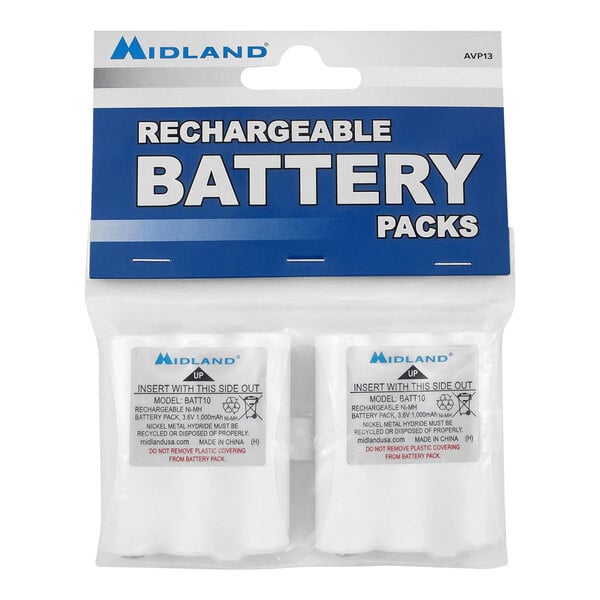 A package of two Midland rechargeable batteries for T70 walkie talkies.