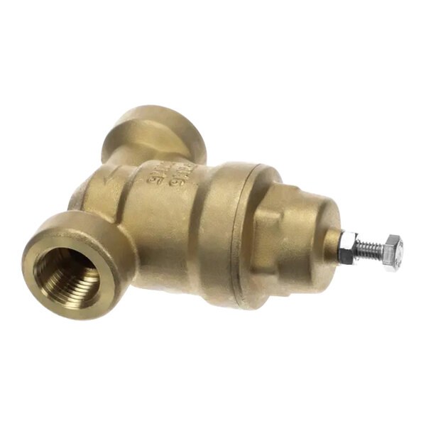 A close-up of a brass CMA Dishmachines pressure regulator with two nuts on it.