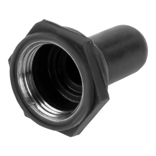 A black plastic toggle switch rubber boot with a metal nut.