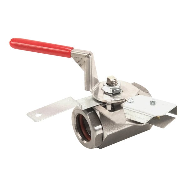 A Frymaster stainless steel ball valve with red handle.