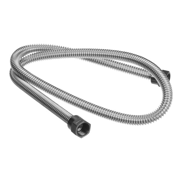 A stainless steel flexible hose with a nut on the end.