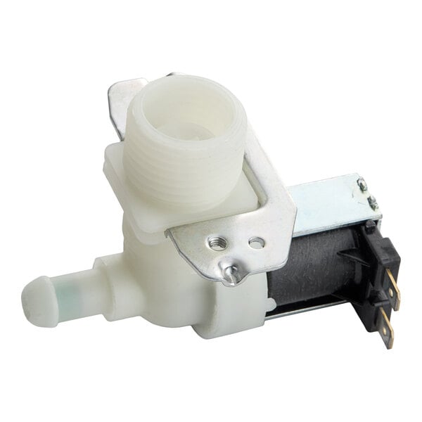 A plastic and metal valve component with threaded and smooth pipe connections, electrical terminals, and a mounting bracket.