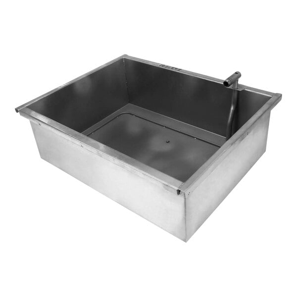 A stainless steel metal pan with a pipe handle.