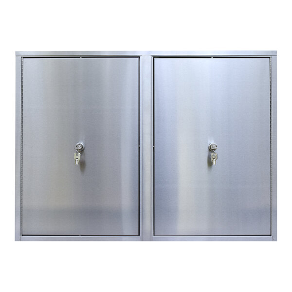 Two stainless steel shelves inside a stainless steel wall-mounted cabinet with four locks.