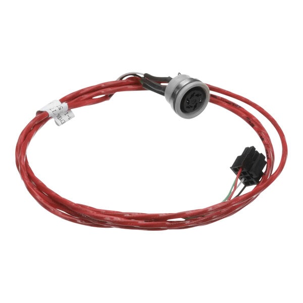 A red wire harness with round metal connectors.