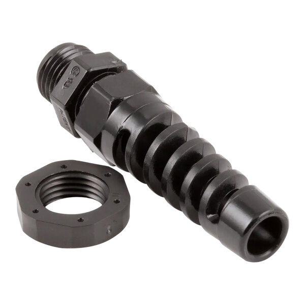 A black metal threaded pipe with a nut.