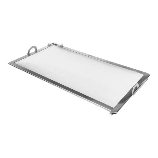 A stainless steel tray with a metal frame.