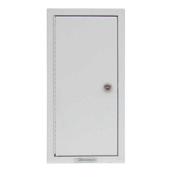 The white metal door of an Omnimed narcotics cabinet with 5 key locks.