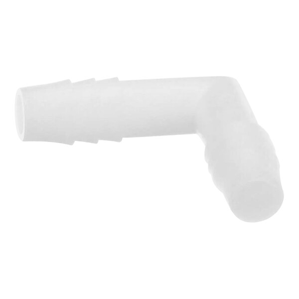 A white plastic Bunn elbow with .375 multi-barb nozzle.