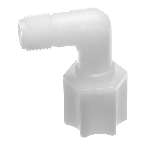 A white plastic pipe fitting with a threaded connection.