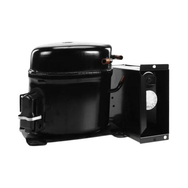 A black Beverage-Air compressor with a metal cover.