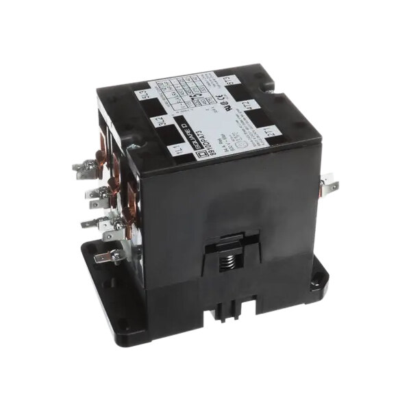 A black electronic device with white labels.