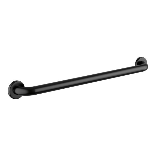 A black metal Lavex restroom grab bar.