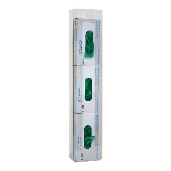 An Omnimed vertical wall mount with three boxes of gloves.