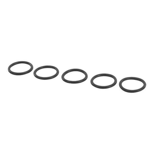 A row of five black round rubber o-rings.